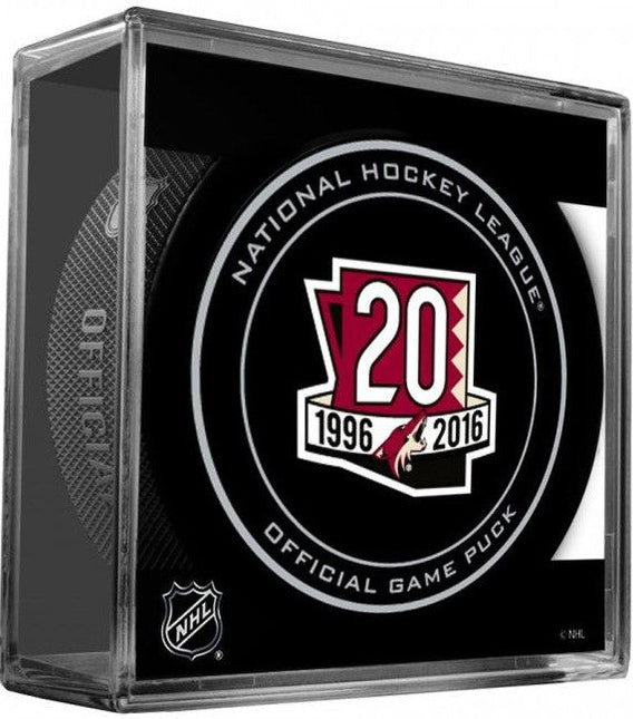Arizona Coyotes 20TH ANNIVERSARY 1996-2016 NHL Team Sher-Wood Official Ice Hockey Game Puck IN CUBE