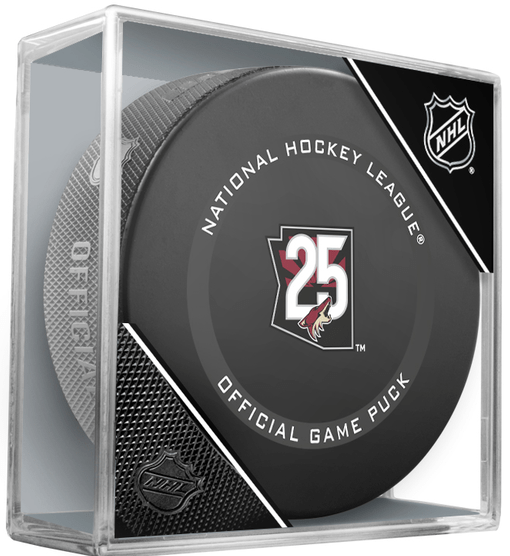 Arizona Coyotes 25TH ANNIVERSARY NHL Ice Hockey Team Sher-Wood Official Game Puck IN CUBE